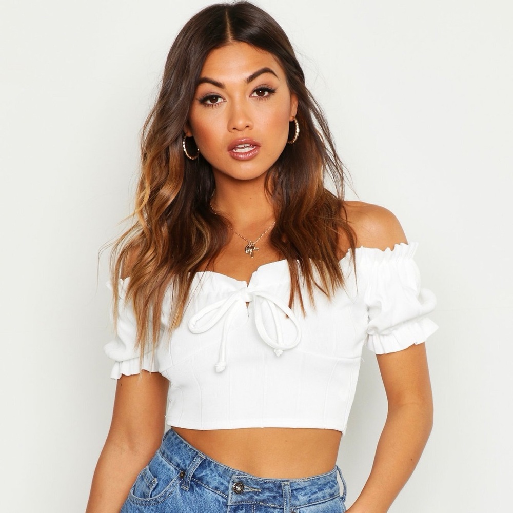 boohoo white bandage peasant crop top